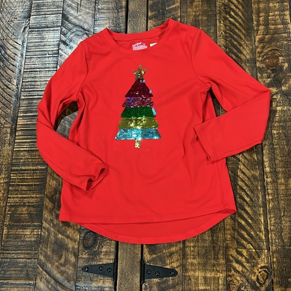Cat & Jack Red Long Sleeve Tee with Sequin Tree - Picture 1 of 6